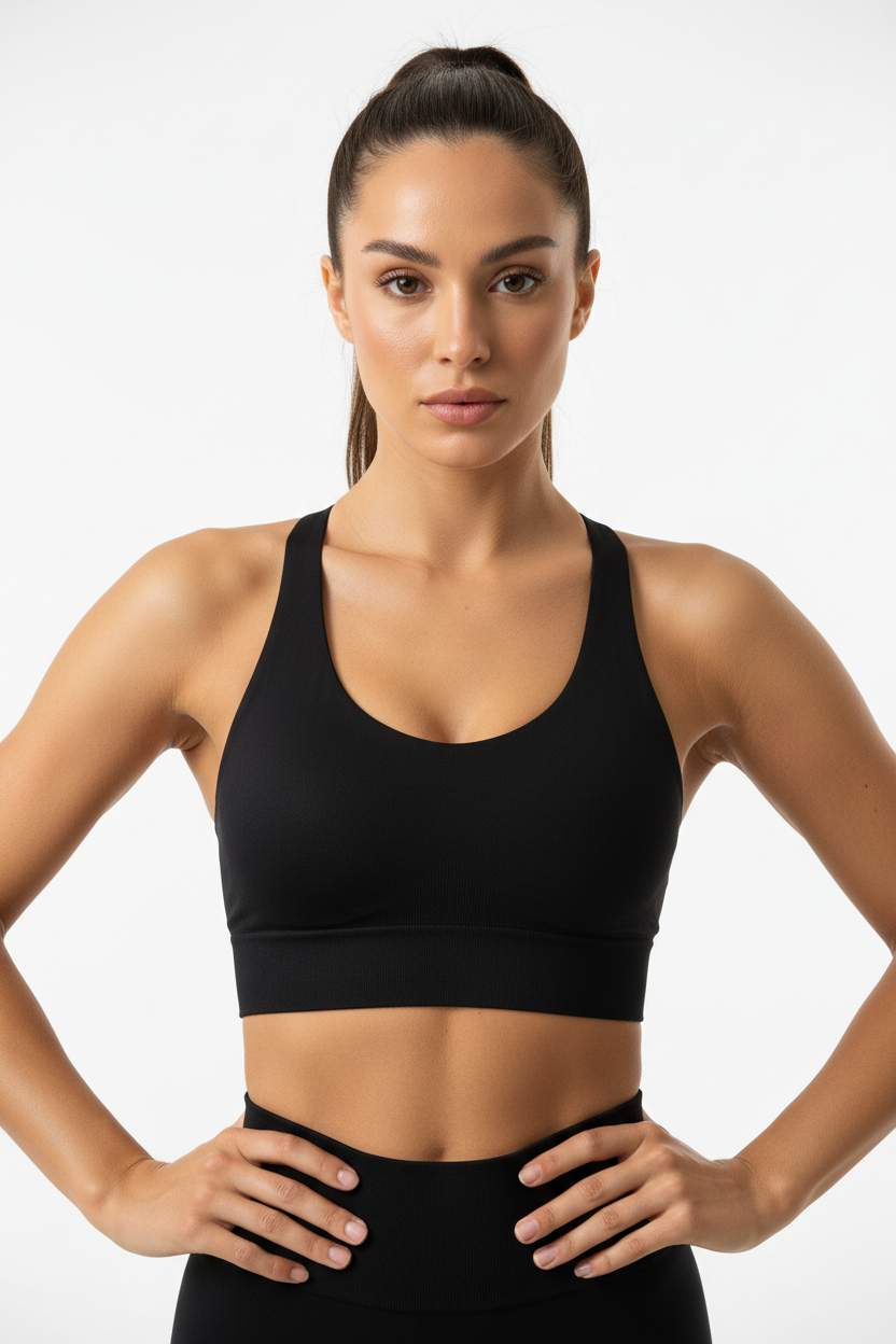 Model wearing black cross-back sports bra