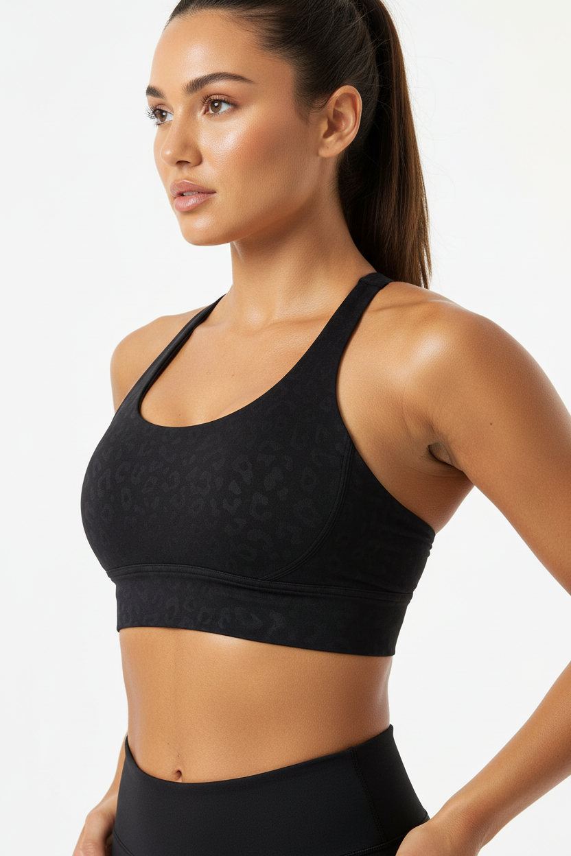 Model wearing leopard print cross-back sports bra